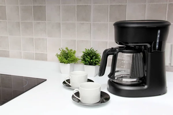 Freshly Prepared Coffee Filter Coffee Machine Served White Cups Rich — Foto de Stock