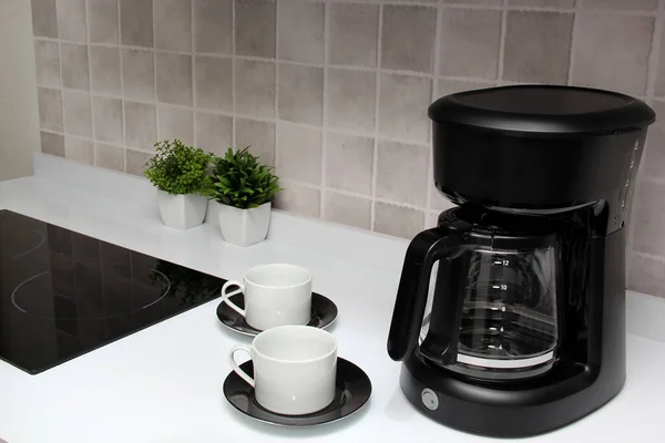 Freshly Prepared Coffee Filter Coffee Machine Served White Cups Rich — Foto de Stock