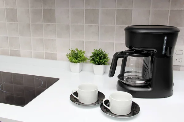 Freshly Prepared Coffee Filter Coffee Machine Served White Cups Rich — Foto de Stock