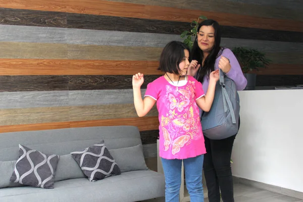 Latin Mom Her Year Old Daughter Prepare Back School Backpack — Foto de Stock