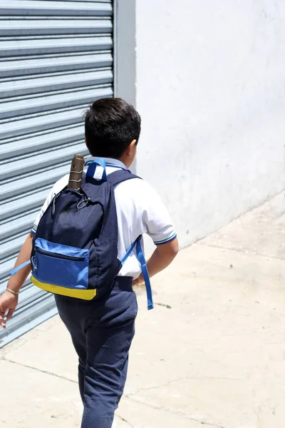 Hispanic Male Child Ready Back School Uniform Backpack Takes His — Stock fotografie