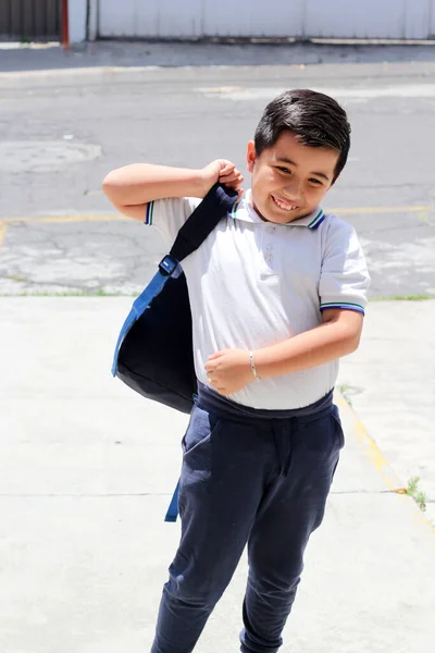 Hispanic Male Child Ready Back School Uniform Backpack Takes His — Stock Photo, Image