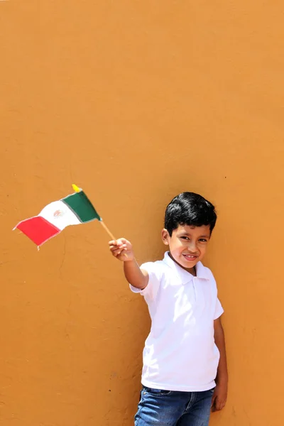 Latinamerikansk Pojke Visar Mexikos Flagga Stolt Över Sin Kultur Och — Stockfoto