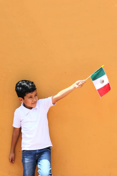 Latynoski Meksykański Chłopiec Lat Pokazuje Flagę Meksyku Dumny Jego Kultury — Zdjęcie stockowe
