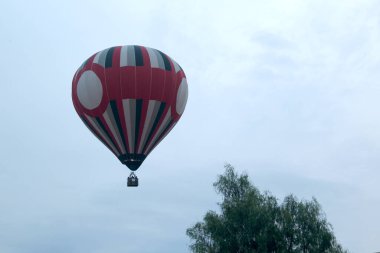 Gündoğumunda renkli sıcak hava balonları bitki örtüsü ve şehir manzarası üzerinde süzülüyor.