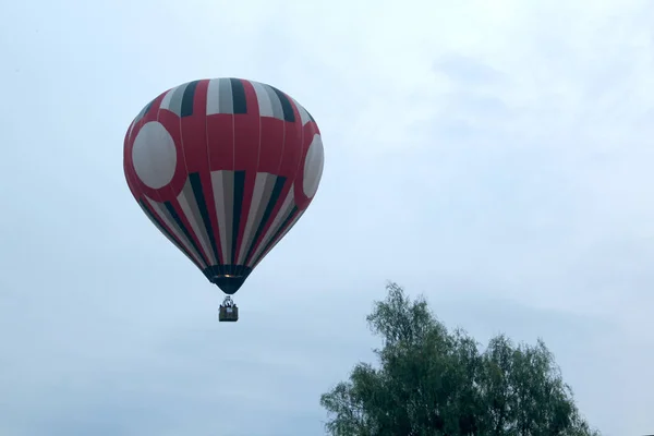 Färgglada Varmluftsballonger Vid Soluppgången Svävar Över Vegetation Och Stadslandskap — Stockfoto