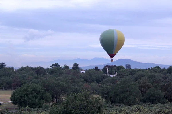 Bunte Heißluftballons Bei Sonnenaufgang Über Vegetation Und Stadtlandschaft — Stockfoto