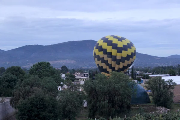 Bunte Heißluftballons Bei Sonnenaufgang Über Vegetation Und Stadtlandschaft — Stockfoto