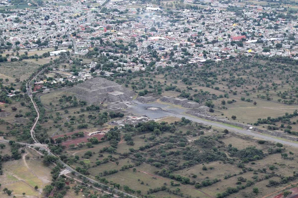 aerial view of pyramid of the sun and archaeological site in Teotihuacan Mexico