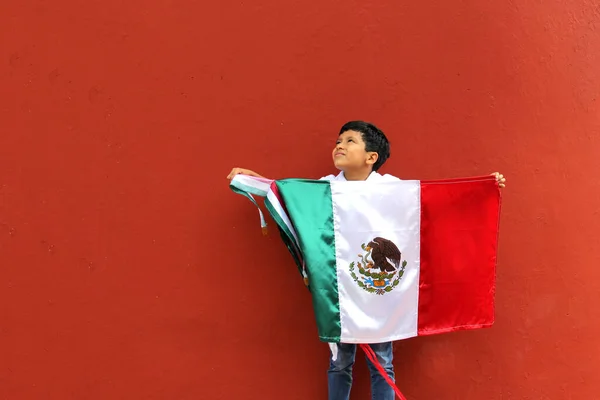 Latinamerikansk Pojke Visar Mexikos Flagga Stolt Över Sin Kultur Och — Stockfoto