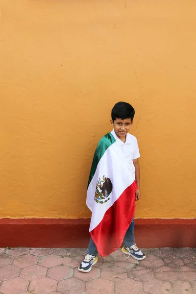 8岁的拉美裔墨西哥男孩高举墨西哥国旗 为自己的文化和传统感到自豪 庆祝9月15日的国庆节和五月节 — 图库照片