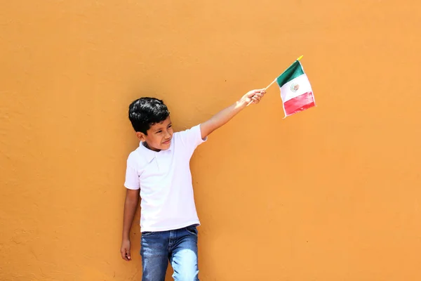 Latinamerikansk Pojke Visar Mexikos Flagga Stolt Över Sin Kultur Och — Stockfoto