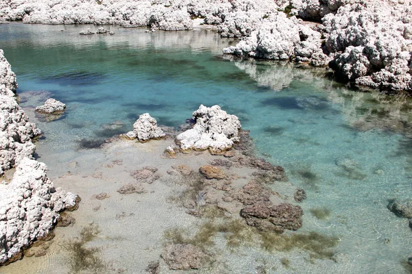 白い岩の形成と水の体 ターコイズブルーのラグーンの風景 プエブラ メキシコのラグナ アルシカ — ストック写真