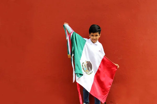 Latin Mexikói Fiú Éves Mutatja Zászló Mexikó Büszke Kultúra Hagyomány — Stock Fotó