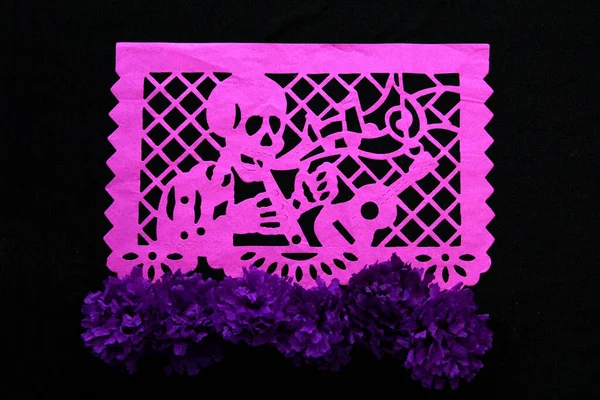 Hagyományos Színes Papel Picado Kempasuchil Virágok Díszítő Tárgyak Oltár Day — Stock Fotó