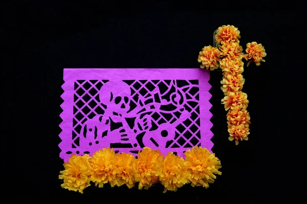 Papel Picado Cor Tradicional Flores Cempasuchil Objetos Decorativos Altar Dia — Fotografia de Stock