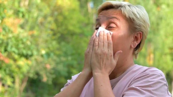 Girl Blonde Hair Short Haircut Sneezes Allergies Wipes Her Nose — Stock Photo, Image