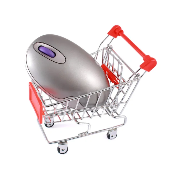 Wireless computer mouse in shopping cart isolated on white — Stock Photo, Image