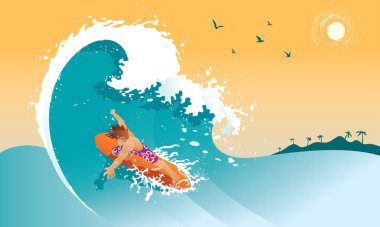 Denizde sörf yapmaktan zevk alan bir adam. Vektör. Fırça sıçrama efektiyle deniz.