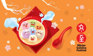 Tang Yuan (tatlı köfte çorbası) çizgi film karakterleri. Vektör. Çince manşet kış gündönümü festivali demek..