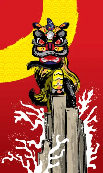 一只神魂颠倒的中国狮子站在海面上的一个高高的悬崖上 具有喷墨绘图风格 — 图库矢量图片