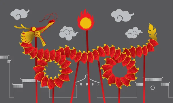 Традиционный Китайский Танец Дракона Вектор Упрощенным Фоном Элементов — стоковый вектор