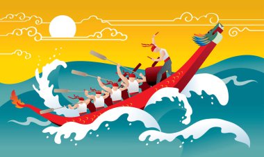Vector of men rowing boat in a surging sea. With sky and sun as background. clipart