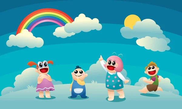 一群快乐可爱的孩子五彩缤纷的彩虹和阳光灿烂的背景 — 图库矢量图片