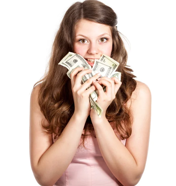 Jovencita alegre con dólares en sus manos — Foto de Stock