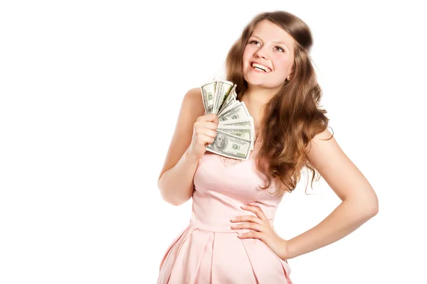 Fröhliches Teenager-Mädchen mit Dollars in den Händen — Stockfoto