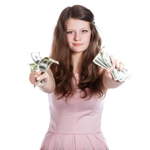 Vrolijke tienermeisje met dollars in haar handen — Stockfoto