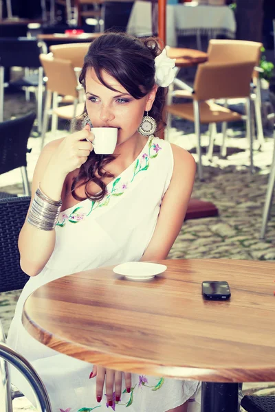 Greek woman in the cafe — Stock Photo, Image