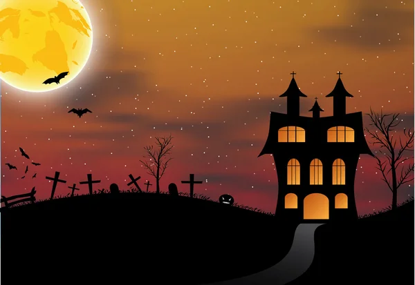 Cartão de Halloween com castelo, abóbora, morcegos e lua — Vetor de Stock
