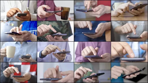 Men in different situations texting or typing message on smartphones. — Stock Photo, Image