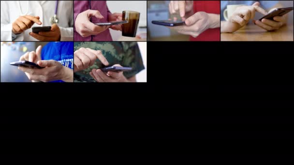 Homens em diferentes situações mensagem de texto ou digitação em smartphones. — Vídeo de Stock