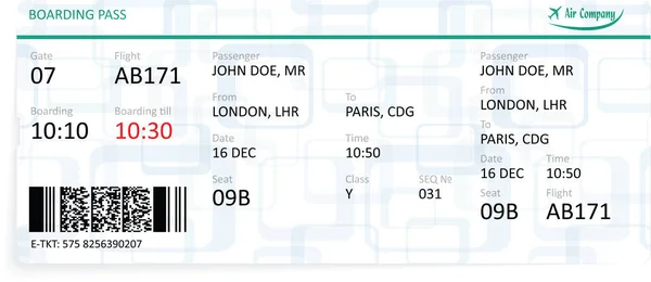 Vektor mall för ett grönt flygbolag boardingkort biljett. — Stock vektor