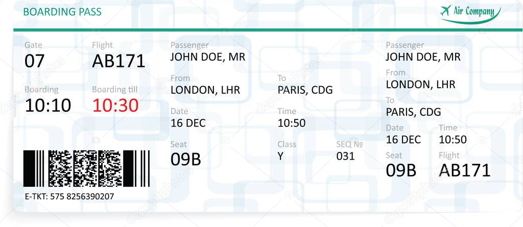 Vector template of a green airline boarding pass ticket.