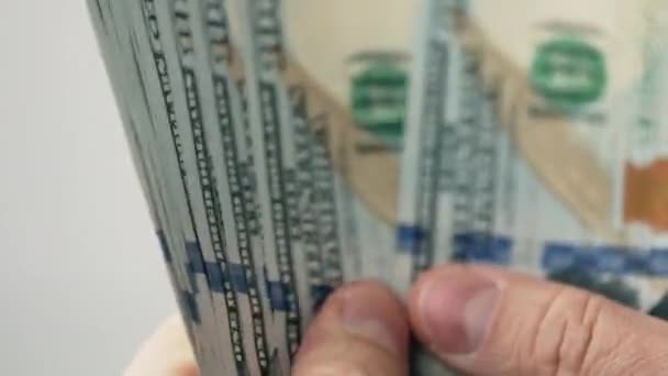 Handen van de mens in blauw t-shirt tellen US Dollar biljetten — Stockvideo