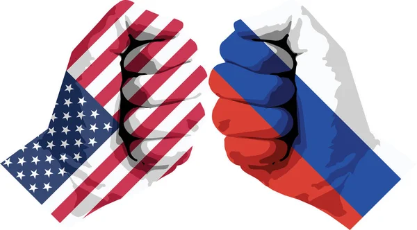 Vlaggen op de vuist. Conflict tussen Usa en Rusland. Conflict van het landenconcept. — Stockvector