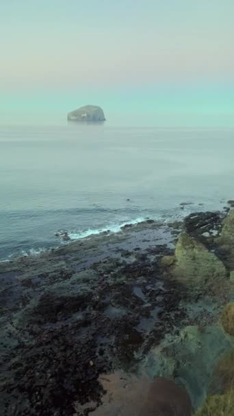 The ruins of an old castle standing on a cliff on the shore of the sea bay at sunset — Video Stock