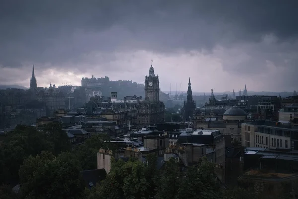 Top view of Edinburgh city centre in Scottish cloudy weather. Cityscape of the Edinburgh, Scotland, United Kingdom