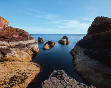 Scottish seashore with cliffs. St Abbs Head National Nature Reserve on the Berwickshire coastline, Scotland, UK