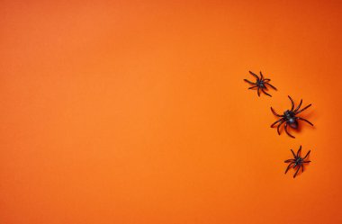 Mutlu Cadılar Bayramı afişleri ya da kağıt kesim tarzında korkunç örümceklerin olduğu parti davetiyeleri. Mesaj için yer. Web reklamları için tasarım tanıtım satışları, sosyal medya, sonbahar teklifi, numara, boş alan, hiç kimse, turuncu