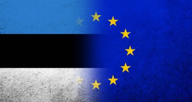 Estonya bayrağı taşıyan Avrupa Birliği bayrağı. Grunge arkaplanı