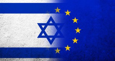 İsrail Ulusal Bayrağı taşıyan Avrupa Birliği bayrağı. Grunge arkaplanı
