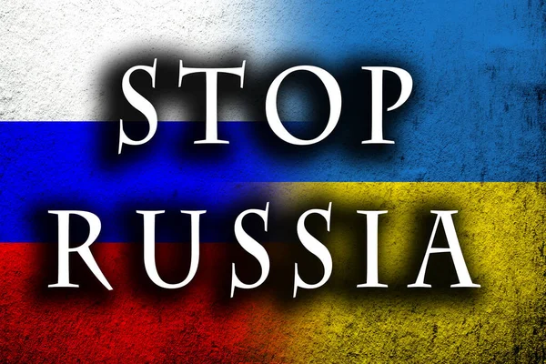 Pare Mensagem Rússia Bandeira Suja Ucrânia Com Bandeira Russa Fundo — Fotografia de Stock