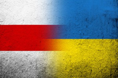 Beyaz-kırmızı-beyaz Belarus Demokratik Cumhuriyeti bayrağı Ukrayna 'nın ulusal bayrağı. Grunge arkaplanı