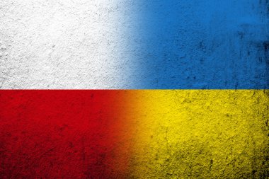 Ulusal Ukrayna bayrağıyla Polonya Cumhuriyeti ulusal bayrağı. Grunge arkaplanı