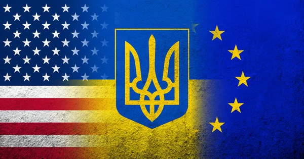 Národní Vlajka Ukrajiny Erbem Tryzub Spojené Státy Americké Národní Vlajka — Stock fotografie
