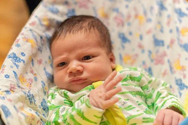 Newborn Baby Lying Bed Raised Arms — Stock Photo, Image